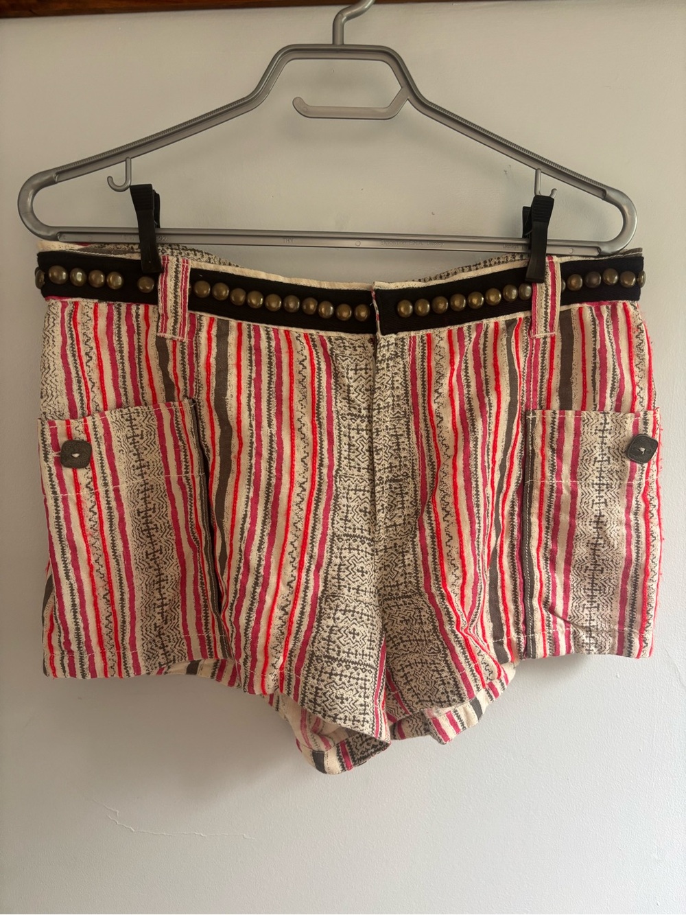 Free People Red and Cream Striped Studded-Waist Cargo Shorts